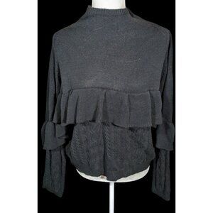 Project Naadam Mock Neck Black Ruffle Accent Cable Knit Sweater